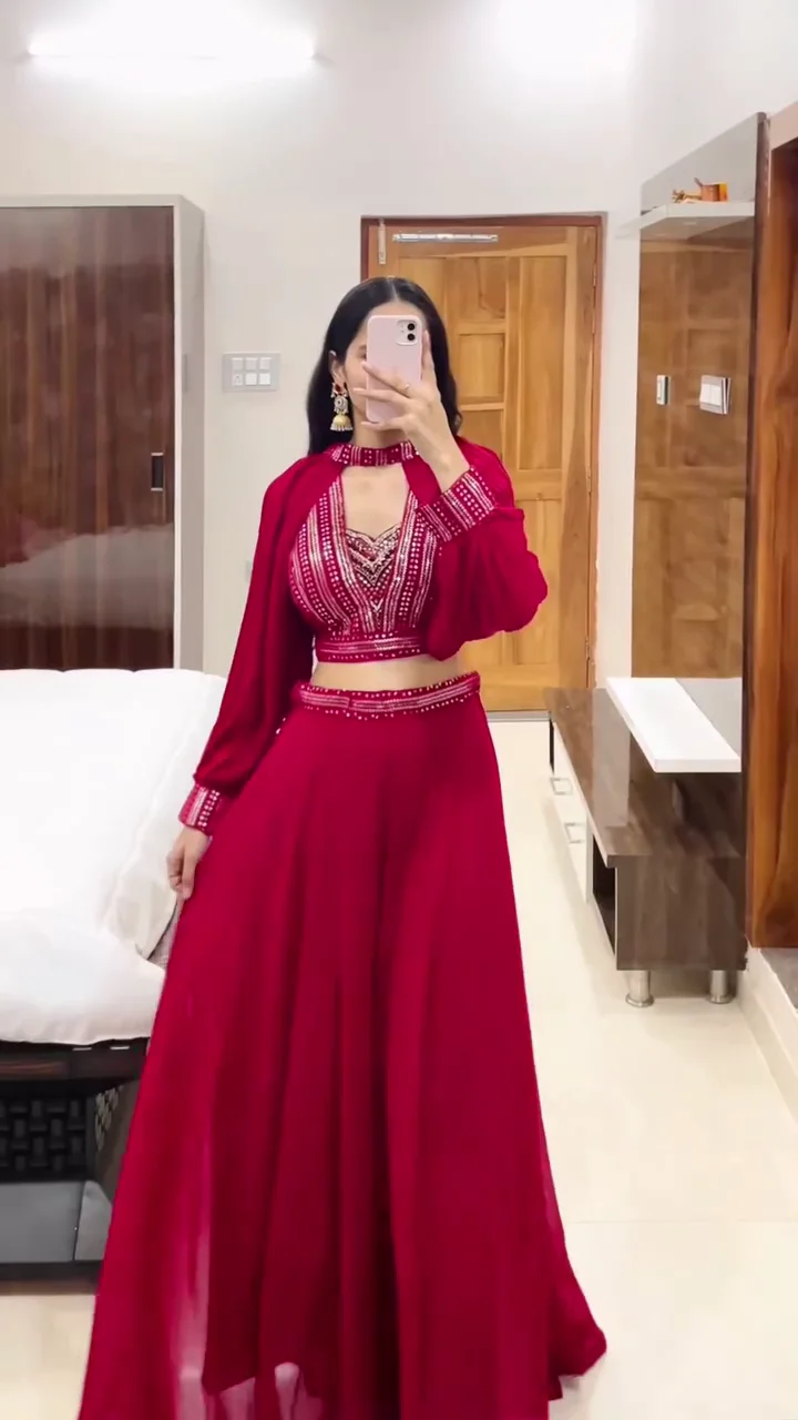 Women's Maroon Embroidered Lehenga Choli Set for Weddings Parties Festive